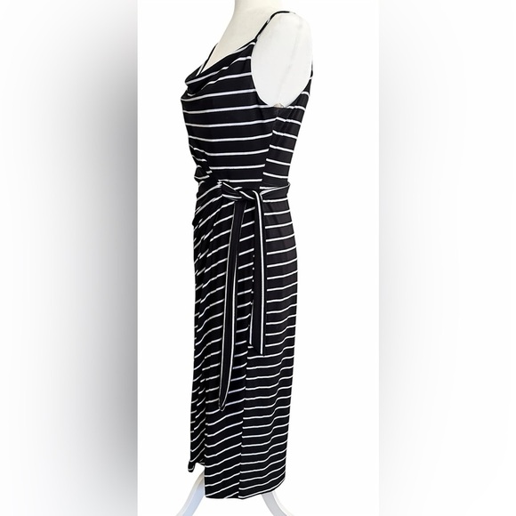 Lauren Ralph Lauren Black White Stripe Faux Wrap Midi Dress Sz 6 Spaghetti Strap - Picture 2 of 10